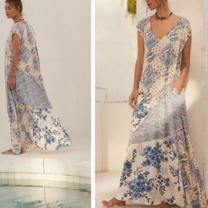 New Free People Desert Flower Blue Combo Patchwork Maxi Dress HP